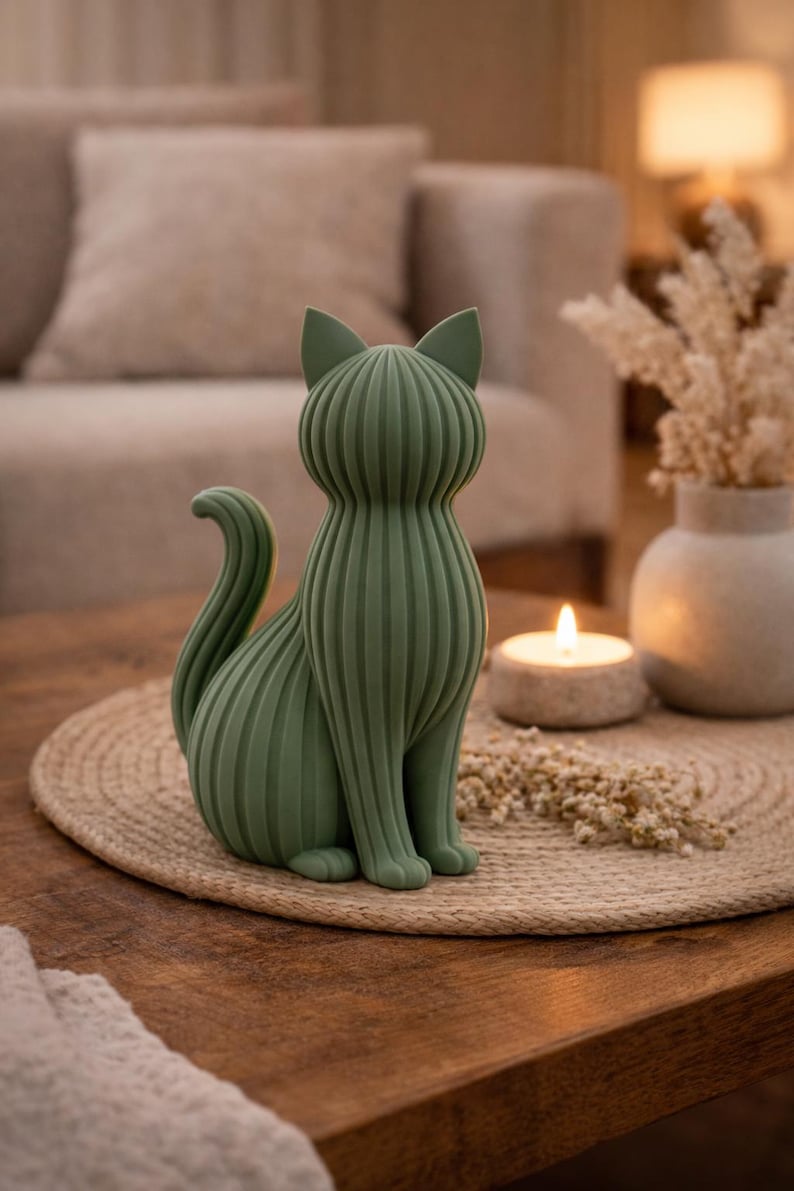 May include: A sage green cat figurine featuring a vertical ribbed texture across its entire body. The cat is depicted in a seated position with its tail curled upward, showcasing a smooth matte finish and a stylized, geometric form.