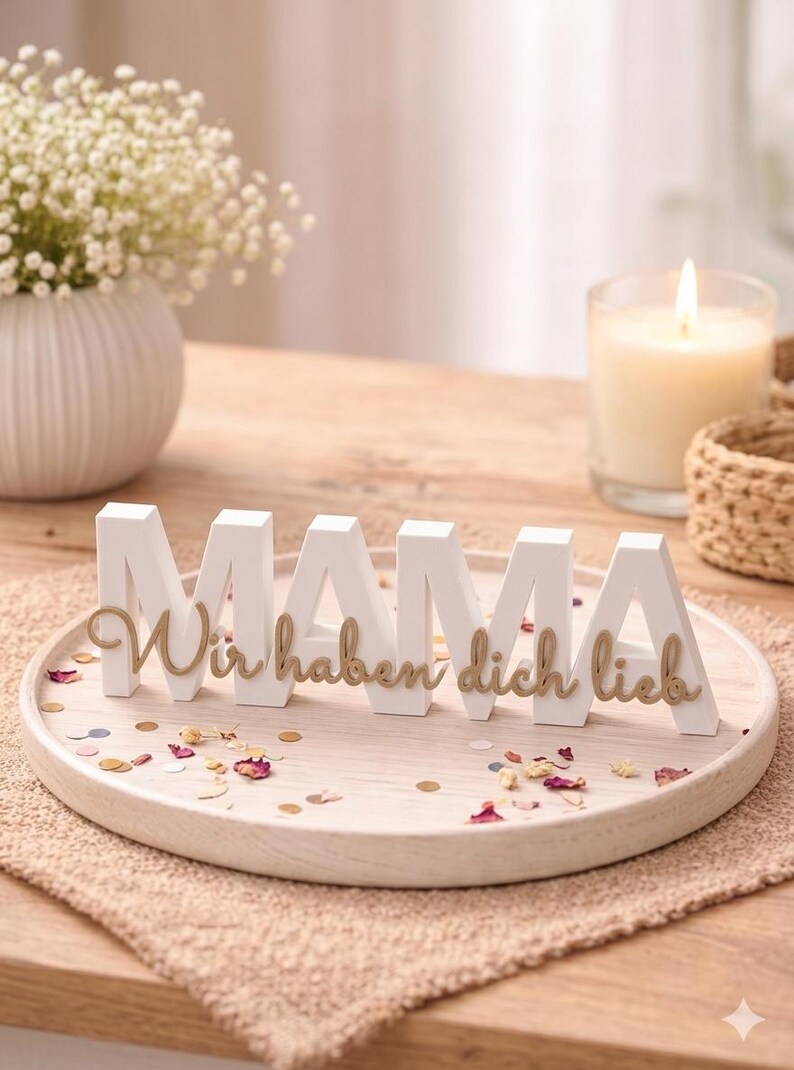 K&ouml;nnte beinhalten: Wei&szlig;e Holzbuchstaben mit der Aufschrift "MAMA" und goldfarbenem Schriftzug "Wir haben dich lieb" auf einem Holztablett. Das Tablett ist mit Konfetti und getrockneten Blumen verziert. Eine Kerze und eine Blumenvase befinden sich im Hintergrund.