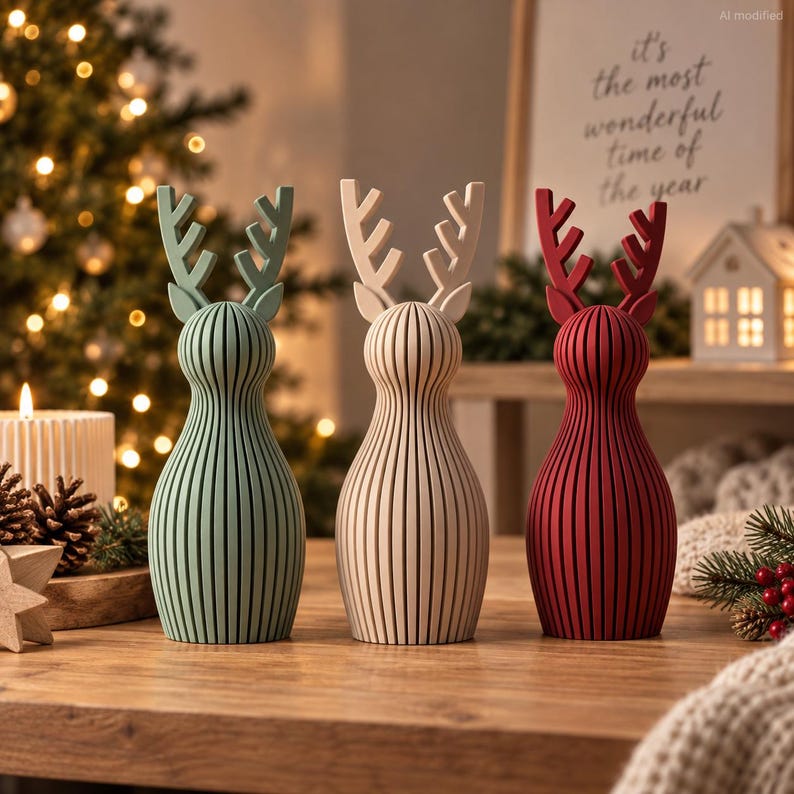 May include: Three standing reindeer figurines with vertical slat bodies and antlers. The left figure is sage green, the center is cream, and the right is deep red. Each reindeer has a rounded, bowling pin-shaped body and stylized antlers.