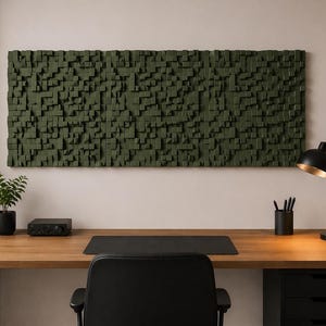 May include: A large rectangular wall-mounted acoustic panel featuring a three-dimensional grid of small, unevenly protruding dark olive green wooden blocks, creating a textured surface with varying depths across the entire piece.