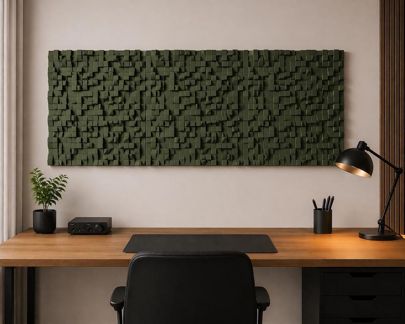 May include: A large rectangular wall-mounted acoustic panel featuring a three-dimensional grid of small, unevenly protruding dark olive green wooden blocks, creating a textured surface with varying depths across the entire piece.