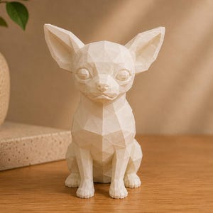 May include: A white, low-poly geometric sculpture of a Chihuahua dog sitting upright. The figure features sharp, angular facets that define its ears, snout, and body, creating a faceted, crystalline appearance with a smooth, matte finish.
