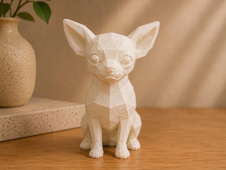 May include: A white, low-poly geometric sculpture of a Chihuahua dog sitting upright. The figure features sharp, angular facets that define its ears, snout, and body, creating a faceted, crystalline appearance with a smooth, matte finish.