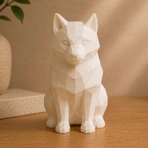 May include: A white, low-poly geometric sculpture of a sitting dog. The figure features sharp, angular facets that define the canine's ears, snout, and body structure, creating a clean, faceted appearance throughout the entire form.