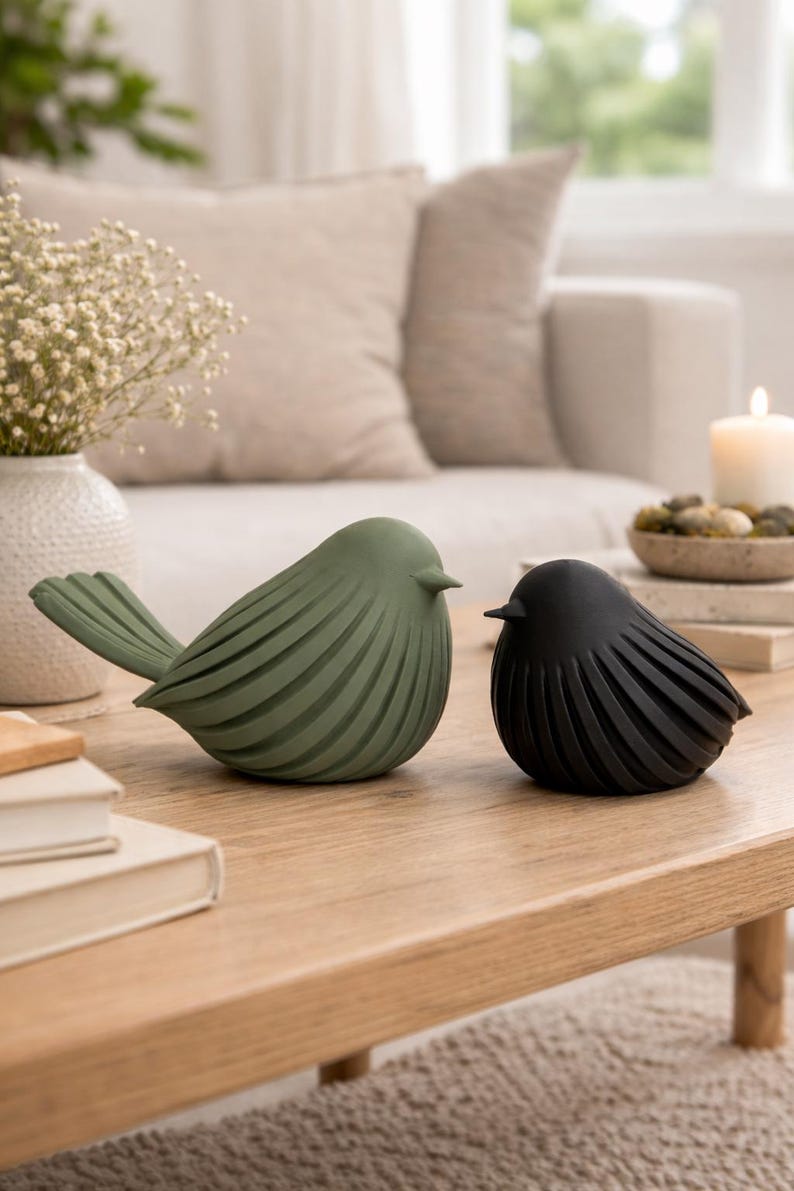May include: Two bird figurines, one in matte olive green and one in matte black, featuring a stylized design with deep, curved grooves along the body and wings. The green bird is larger and positioned to the left, while the smaller black bird sits to the right, both facing toward the right side of the frame.