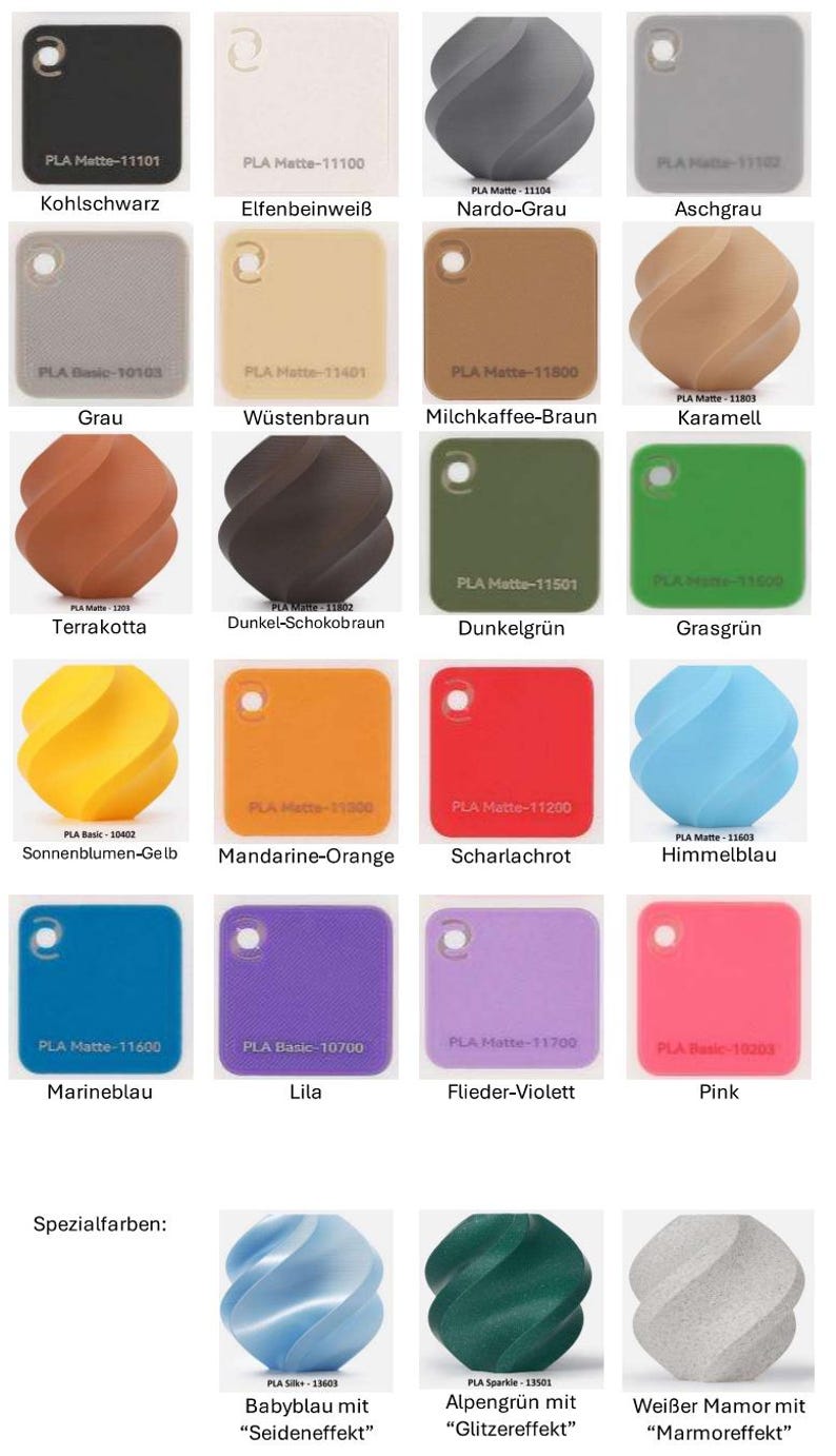 May include: A collection of twenty-three PLA filament color swatches, including square tiles and twisted shapes. Each piece features a hole for hanging and is labeled with its specific color name and product code, such as Kohlschwarz, Nardo-Grau, and Grasgr&uuml;n.