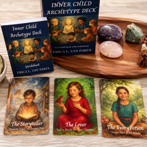 May include: The Inner Child Archetype Deck by Erica L. Van Parys includes a box, a guidebook, and three illustrated cards titled The Storyteller, The Lover, and The EveryPerson. Also included are a bowl of dried herbs, crystals, and a small wooden stick.