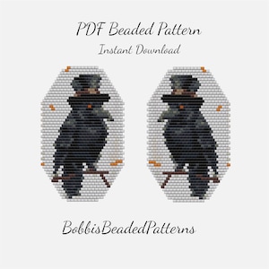 May include: A PDF beaded pattern for instant download by BobbisBeadedPatterns featuring two identical graphic designs of a black crow wearing a top hat, rendered in a pixelated style with light grey backgrounds and small orange accents.