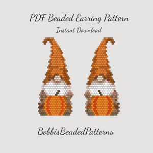 May include: A PDF beaded earring pattern featuring two gnome designs with tall orange hats, white beards, and orange pumpkins. The text reads PDF Beaded Earring Pattern, Instant Download, and BobbisBeadedPatterns. The design uses a grid-like pixelated style.