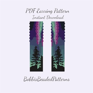 Peut inclure: Un modèle de boucles d'oreilles PDF intitulé PDF Earring Pattern Instant Download par BobbisBeadedPatterns. Le design présente deux colonnes rectangulaires perlées représentant un ciel nocturne avec des aurores boréales violettes et roses.