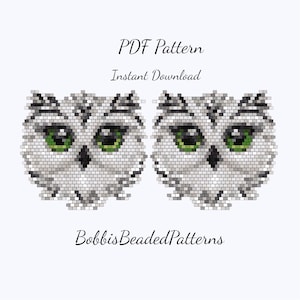 May include: Two beaded owl designs with green eyes and gray and white feathers. The image includes the text "PDF Pattern Instant Download" and "BobbisBeadedPatterns".