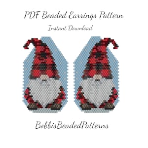 May include: A PDF beaded earrings pattern titled PDF Beaded Earrings Pattern and Instant Download by BobbisBeadedPatterns. The design features two identical gnomes with red and black plaid hats and long gray beards on a light blue background.