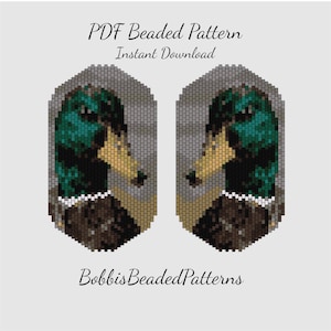 May include: A PDF beaded pattern titled PDF Beaded Pattern Instant Download by BobbisBeadedPatterns. The design features two mirrored pixelated mallard duck heads with iridescent green heads, yellow beaks, and brown chests against a gray background.