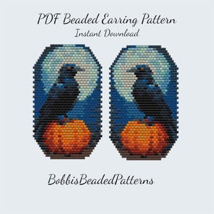 May include: A PDF beaded earring pattern titled PDF Beaded Earring Pattern Instant Download by BobbisBeadedPatterns. The design features two identical rectangular beaded motifs showing a black bird perched on an orange pumpkin against a blue moon.
