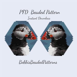 May include: A digital beaded pattern featuring two pixelated puffins, each within a blue hexagonal frame. The puffins have black, white, and gray feathers, with red beaks. Text includes "PFD Beaded Pattern" and "Instant Downloads" and "BobbisBeadedPatterns".