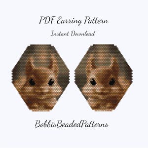May include: A digital PDF earring pattern featuring two beaded squirrel designs. The squirrels are brown and tan, set against a dark background within a hexagonal shape. Text includes "PDF Earring Pattern" and "Instant Download". The shop name "BobbisBeadedPatterns" is also displayed.