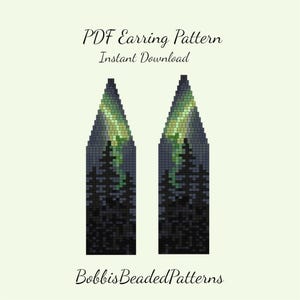 May include: A digital PDF earring pattern featuring two triangular designs. Each design depicts a pixelated aurora borealis scene with green and blue hues over a dark forest. The text "PDF Earring Pattern Instant Download" and "BobbisBeadedPatterns" are also visible.