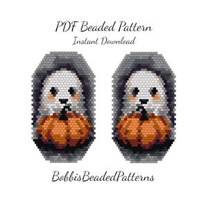 May include: A PDF beaded pattern titled PDF Beaded Pattern Instant Download by BobbisBeadedPatterns featuring two identical pixel art designs of a white ghost with orange cheeks holding a large orange pumpkin against a dark gray background.