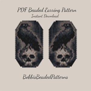 May include: A PDF beaded earring pattern titled PDF Beaded Earring Pattern Instant Download by BobbisBeadedPatterns. The design features two identical rectangular beaded motifs with rounded corners, displaying a dark raven perched above a human skull.