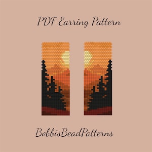 May include: PDF earring pattern featuring a sunset landscape design. The design includes a yellow sun, orange and red sky, and black trees. The text "PDF Earring Pattern" and "BobbisBeadPatterns" are also included.