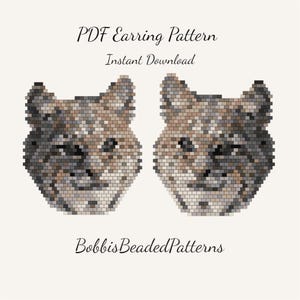 May include: A digital PDF earring pattern featuring two stylized cat faces, created with a mosaic of small, rectangular beads in shades of gray, brown, and beige. The text "PDF Earring Pattern Instant Download" and "BobbisBeadedPatterns" are also visible.