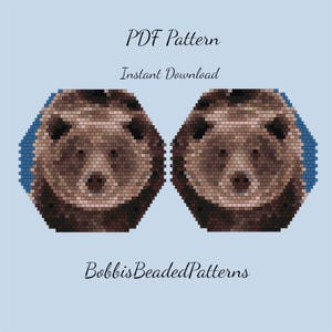 May include: A digital PDF pattern featuring two bear faces, each with a mosaic-like design in shades of brown, tan, and black. The bears have blue accents and are set against a light blue background. Text includes "PDF Pattern", "Instant Download", and "BobbisBeadedPatterns".