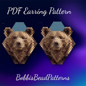 May include: PDF earring pattern featuring two bear-shaped designs. The bears are constructed from small, square beads in shades of brown and tan, with a blue hat. The text "PDF Earring Pattern" and "BobbisBeadPatterns" are displayed.