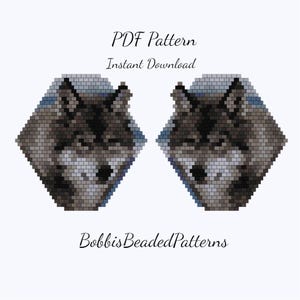 May include: A digital PDF pattern featuring two wolf head designs. The wolf heads are rendered in a mosaic style, using shades of gray, black, and white. The text "PDF Pattern Instant Download" and "BobbisBeadedPatterns" are also visible.