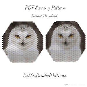May include: A digital PDF earring pattern showing two owl designs. The owls are made of small, light grey and white bricks, with brown accents and yellow eyes. The text "PDF Earring Pattern Instant Download" and "BobbisBeadedPatterns" are also visible.