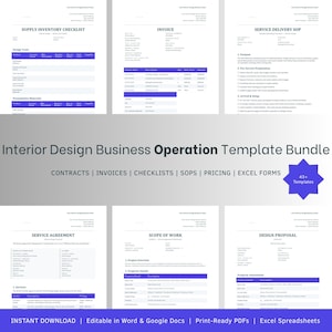 May include: A collection of printable interior design business templates. The templates include contracts, invoices, checklists, SOPs, pricing guides, and Excel forms. The documents have a white background with blue accents and are labeled with titles such as "Supply Inventory Checklist" and "Invoice".