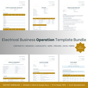 May include: A bundle of electrical business operation templates. The templates include contracts, invoices, checklists, SOPs, pricing, and Excel forms. The bundle includes 43+ templates and is available for instant download.