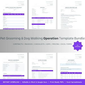 May include: A bundle of pet grooming and dog walking operation templates. The documents include contracts, invoices, checklists, SOPs, pricing, and Excel forms. The documents have a white background with purple accents and are labeled with titles such as "Supply Inventory Checklist" and "Service Agreement."