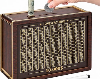 Money Saving Challenge Box, Wooden Piggy Bank Savings Tracker, 10000 Savings Goal, Motivational Gift, Budget Box, Gift for Mom