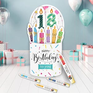 May include: A birthday card with the number 18 and candles. The card says "Happy Birthday to you." Several small, decorative candles are scattered around the card. Balloons and wrapped gifts are in the background.