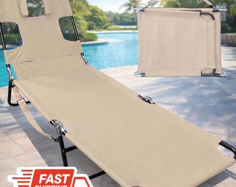 Folding Beach Lounge Chair Face Hole Tanning Chair Portable Reclining Chaise Lounge Outdoor Pool Patio Sunbathing Carry Strap Beige
