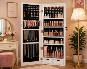 LED Jewelry Armoire with Full Length Mirror, Wall Mounted Jewelry Organizer with Lock, Large Makeup Storage Cabinet, Mother’s Day Gift
