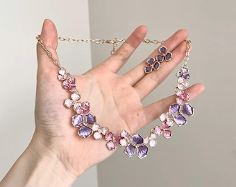 Vintage Enamel Floral Necklace Earrings Set: Purple Pink Three Leaf Clusters