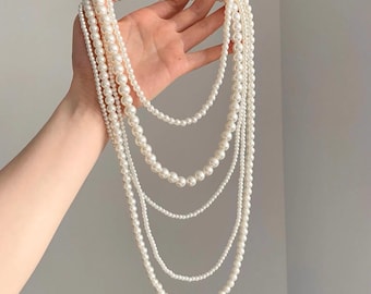 Collar vintage de varias capas con perlas de imitación, elegante collar de hilo blanco.