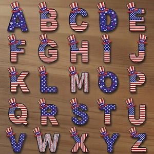 May include: An alphabet set featuring letters in red, white, and blue, with a star pattern and a small Uncle Sam hat on each. The letters are displayed on a wooden surface. The letters are designed with a patriotic theme.
