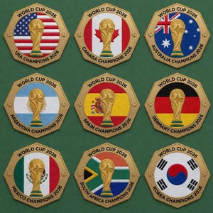 May include: Nine embroidered patches featuring the FIFA World Cup 2026 logo and the flags of participating countries. Each patch has a gold border and includes the text "WORLD CUP 2026" and "CHAMPIONS 2026" along with the country's name.