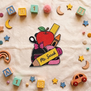 Personalized Teacher Appreciation Embroidered Patches, Custom Name Iron On Patch, Back to School Teacher Gift, DIY Tote, Sew on Hook & Loop