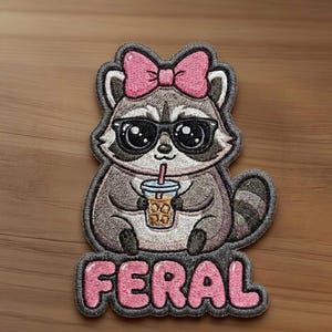 Feral Raccoon Embroidered Iron On Patch, Funny Raccoon Boba Tea Patch, Cute Coquette Animal Patch for Jacket Hat Bag Gift