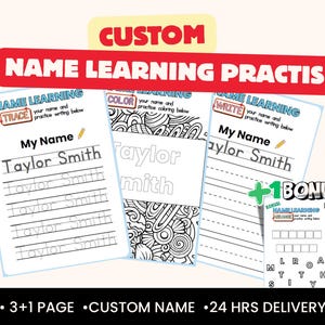 May include: A set of custom name learning practice sheets. The sheets include tracing, coloring, and writing activities. The text "NAME LEARNING PRACTISE" is displayed in red. The name "Taylor Smith" is featured on the sheets.