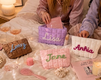 Bester Freund Make-up Tasche, individueller Name gesteppter Beutel, personalisierte passende Bestie Geschenk, niedliche Reisekosmetiktasche, Mädchen Reise Essentials