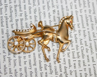 Cute Horse and Chariot Brooch - Horse and Buggy - Gold Tone Rhinestones