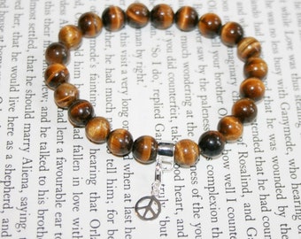 Tiger's Eye Gemstone Beaded Bracelet - Peace Sign - Energy Bracelet