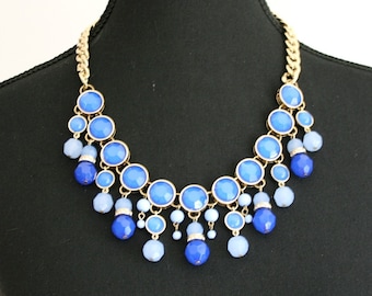 Shades of Blue Bib Necklace - Curb Chain - Statement Piece