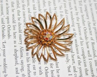 Sarah Cov Flower Brooch - Amber Blosson - Aurora Borealis Rhinestone