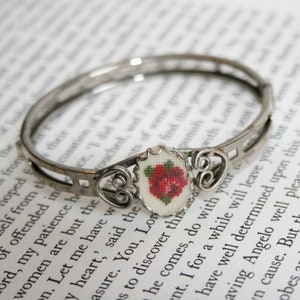 Petit Point Rose Bracelet - Vintage Hand Stitched Silver Tone Bracelet
