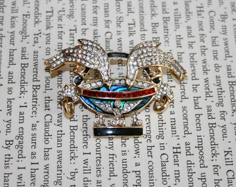 Stunning Butler Birdbath Brooch - Abalone and Rhinestones - Birds and Panthers 3D